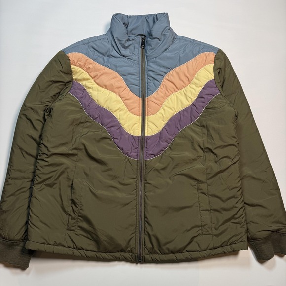 Cleo + Wolf Puffer Jacket Womens XL Green Quilted Retro Mountain Scene Back - Picture 2 of 7